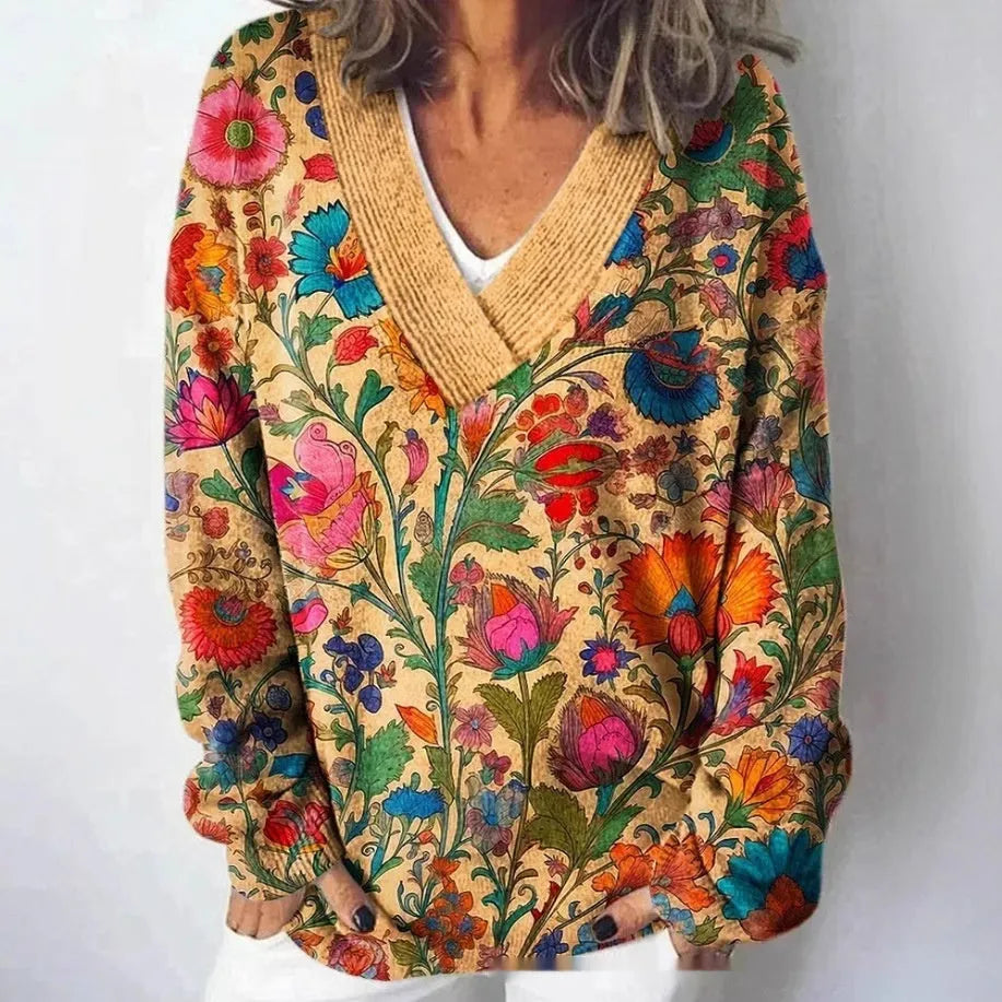 Women's v-neck long sleeve sweatshirt with a raised 3D floral pattern print in multiple colour options
