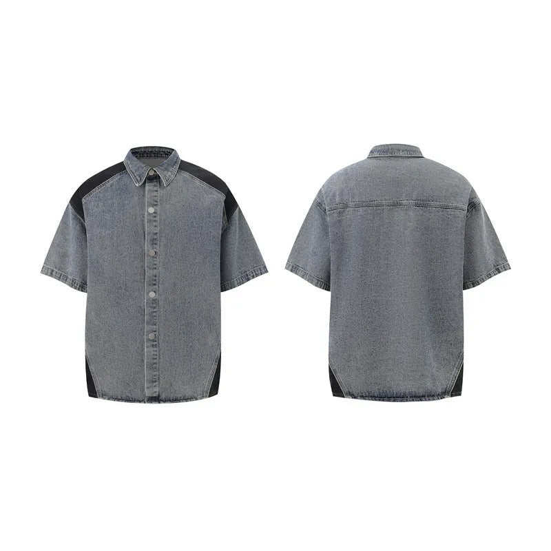 Retro washed blue denim short-sleeve jacket and matching trousers suit set on a hanger