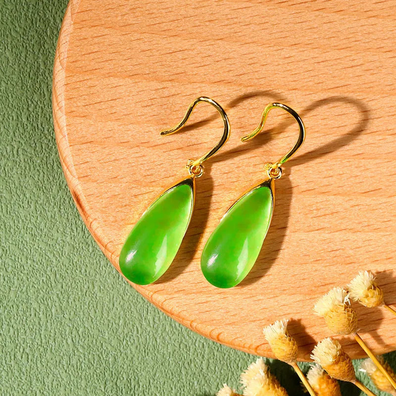 Chinese style geometric copper earrings with electroplated CP798 jade finish and water droplet design