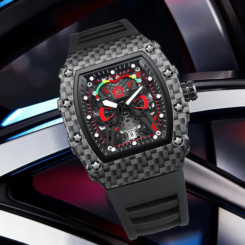 Trendy waterproof luminous men's quartz watch with black alloy case and stainless steel back, displayed on a white background