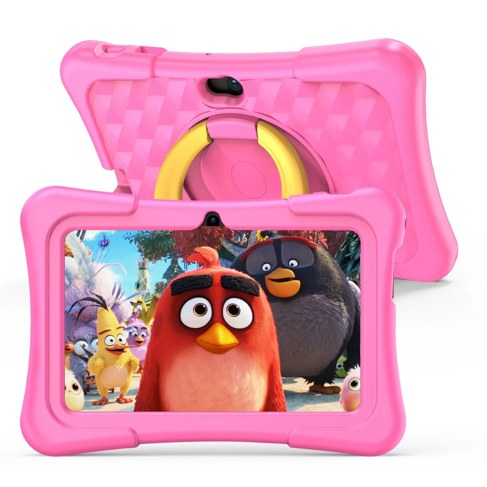 Blue children's 7-inch tablet with a silicone cover attached, showing its integrated rotation handle on the back.