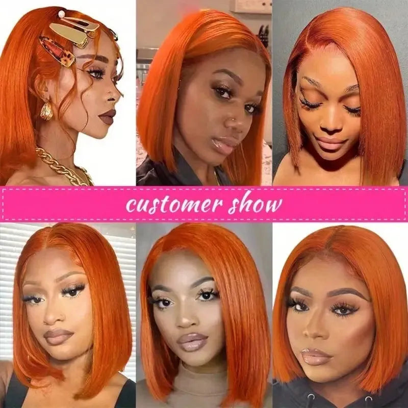 Straight ginger orange bob wig, human hair, 13x4 lace front, natural style, 10-16 inch lengths