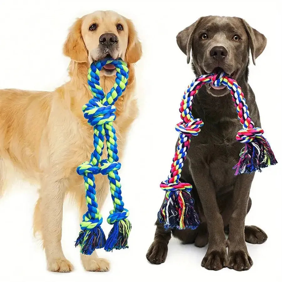 Cotton rope knot dog toy for large breeds, 77cm, flower rope four sections and green rope five sections.