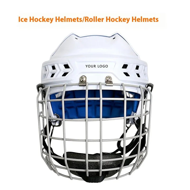 Ice hockey helmet with carbon steel face mask and impact resistant shell for sports protection