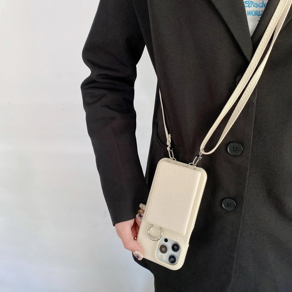 Lychee pattern frosted imitation leather lanyard phone case with beauty mirror and card slots