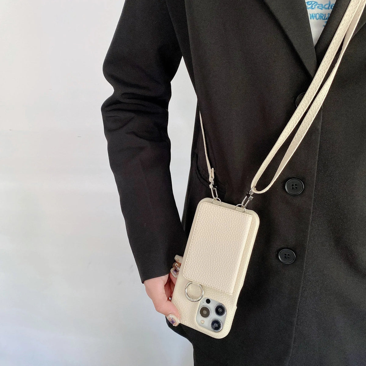 Lychee pattern frosted imitation leather lanyard phone case with beauty mirror and card slots