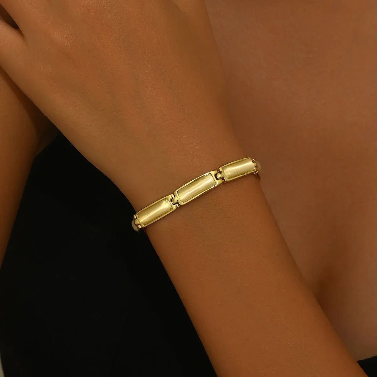 Geometric rose gold alloy bracelet with gemstone inlay for women, quadrilateral shape