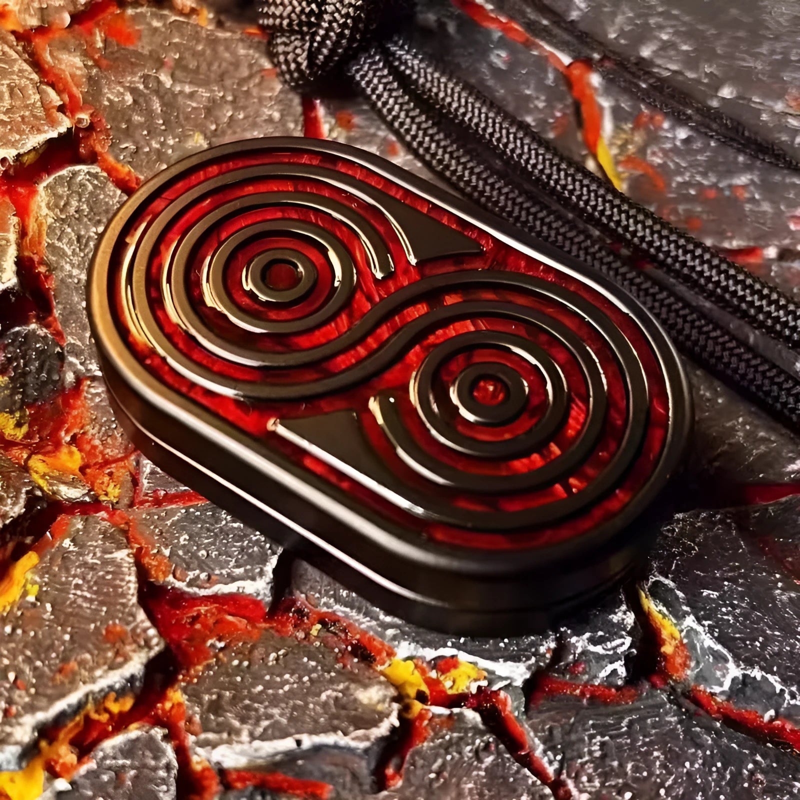 Stainless steel EDC hand push coin fidget toy in Agate Red colour on surface