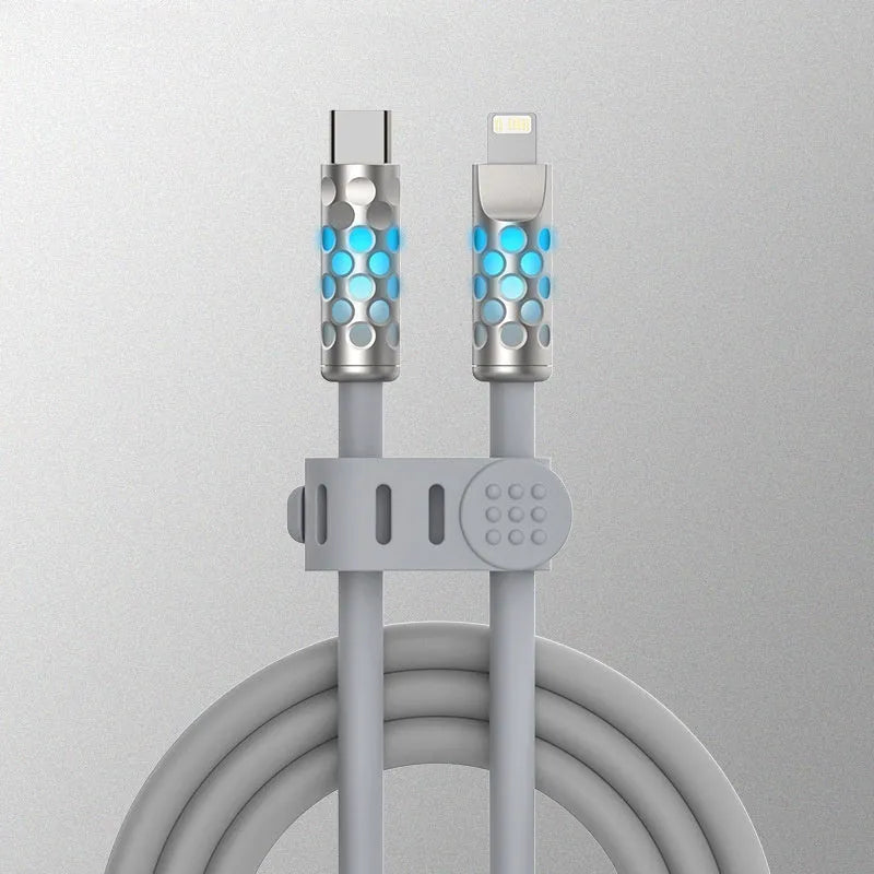 Full Power Fast Charging Liquid Silicone Luminescent Data Cable 1.5m in Silver Grey with indicator light and Lightning connector
