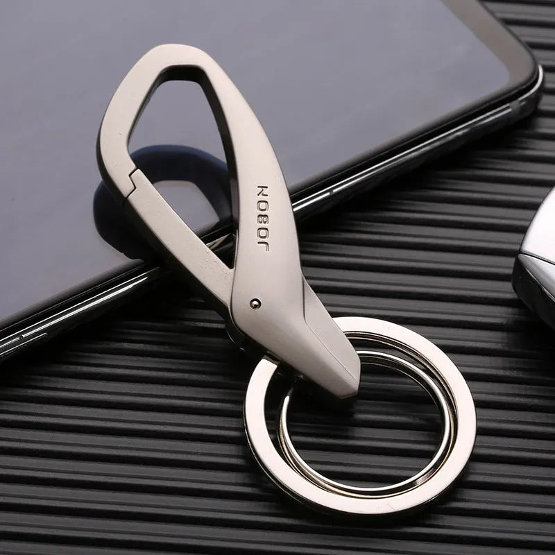 Zinc alloy double ring keychain for car keys in black, chrome, and nickel finishes.