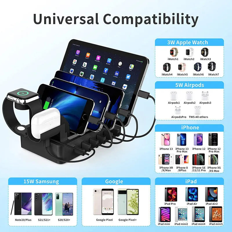 Desktop multi-USB charge box fast charger in black ABS casing with USB and Apple Watch outputs