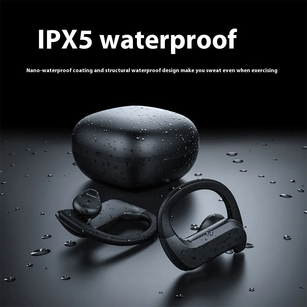 Black plastic wireless TWS sports Bluetooth headset with digital display screen, ear-mounted design
