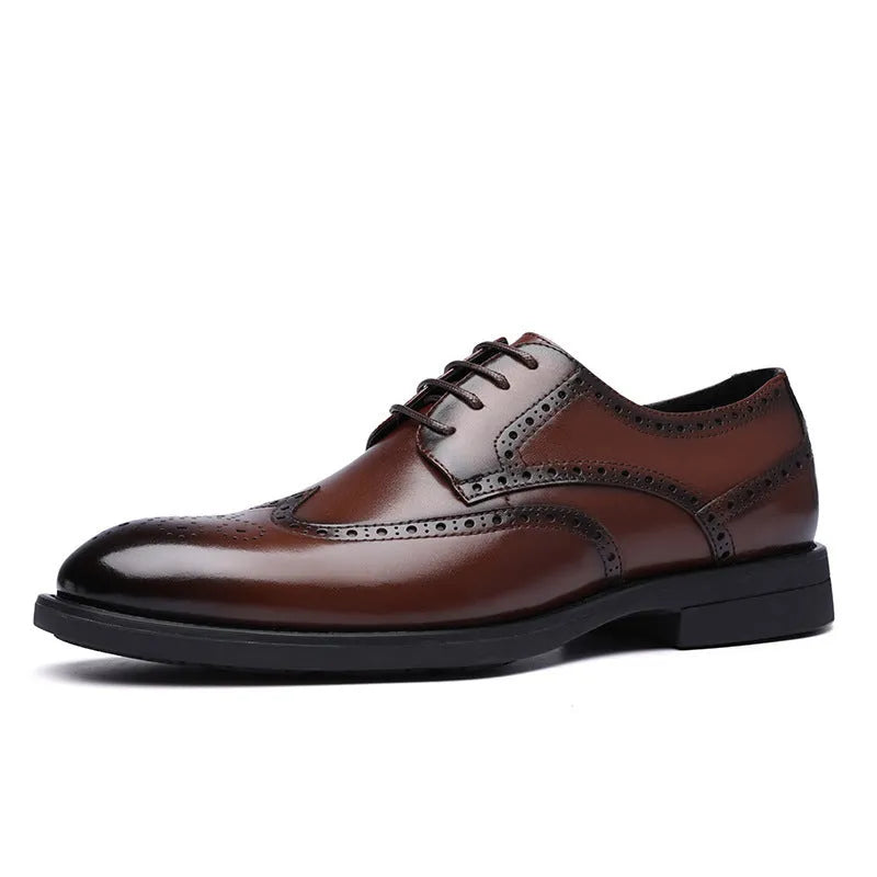 Men's black brogue leather shoes with wingtip perforations and lace-up closure on neutral background