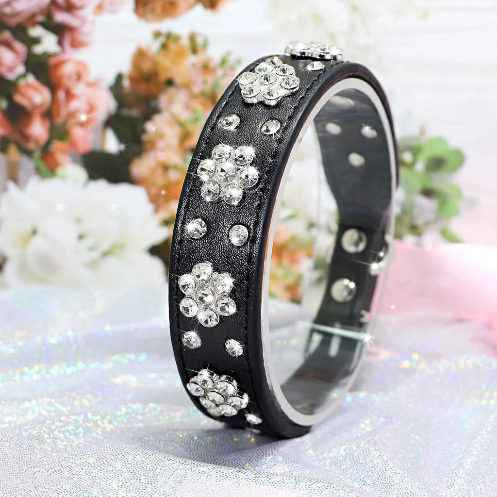 Rhinestone flower studded dog collar in PU leather for small medium dogs
