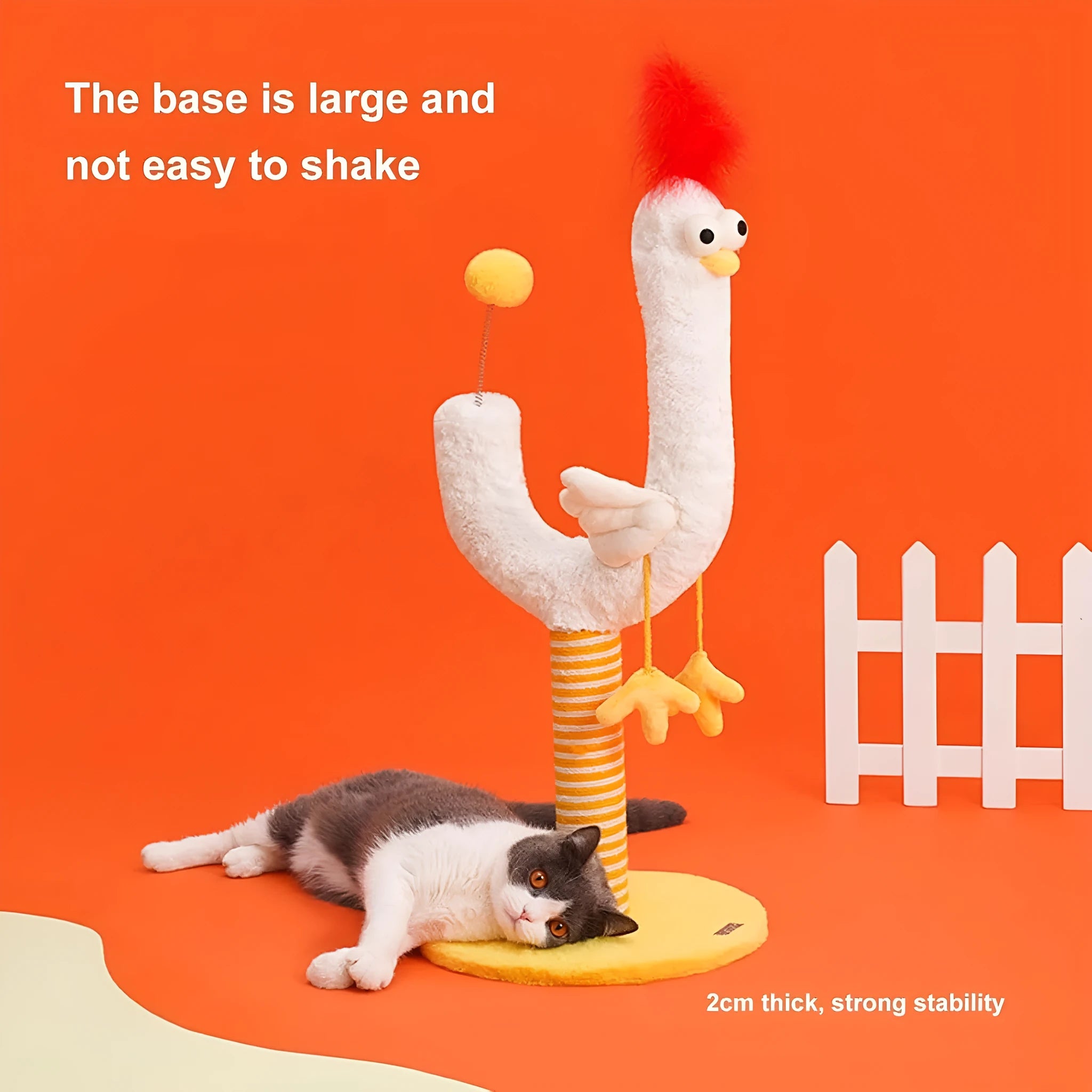 Tall sisal rope vertical cat scratching post with U-shaped design, spring ball, and chicken strip climbing feature.