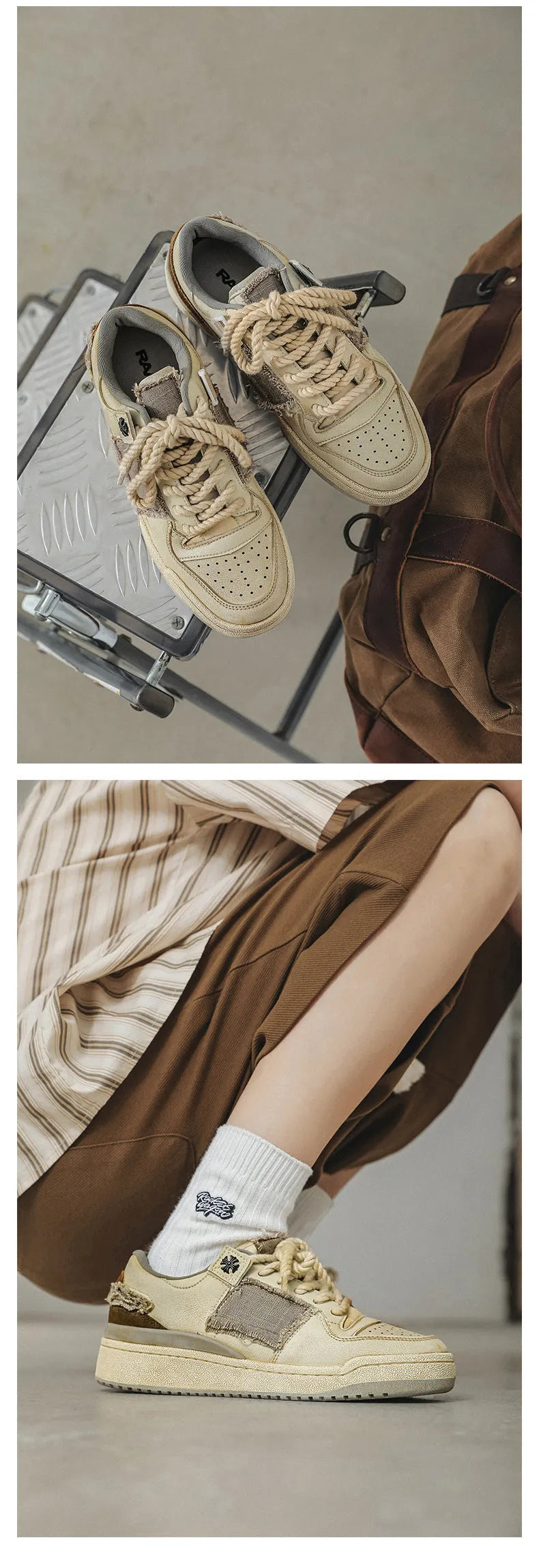 Beige low-top skateboard shoes with vintage patch design and rubber sole
