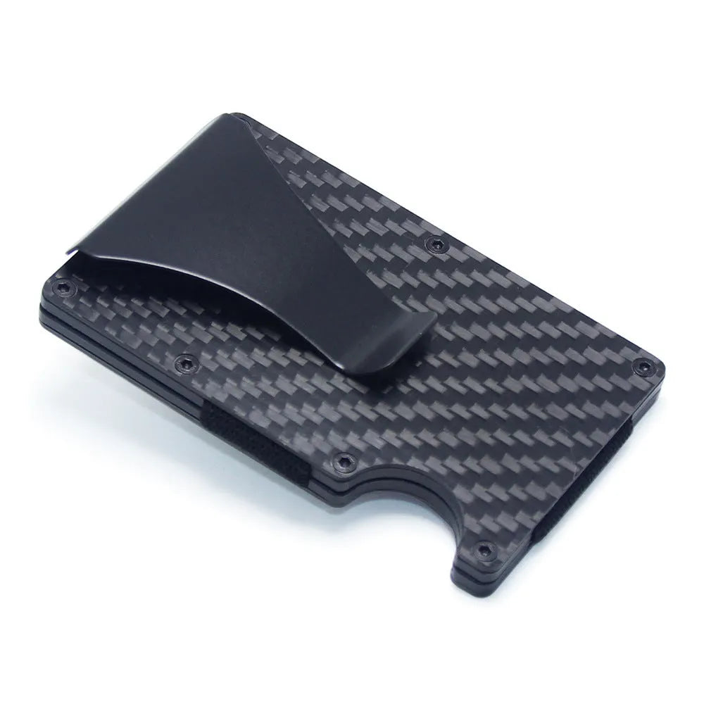 Geometric carbon fibre and aluminium card wallet in a choice of colours, showing 8mm thickness.