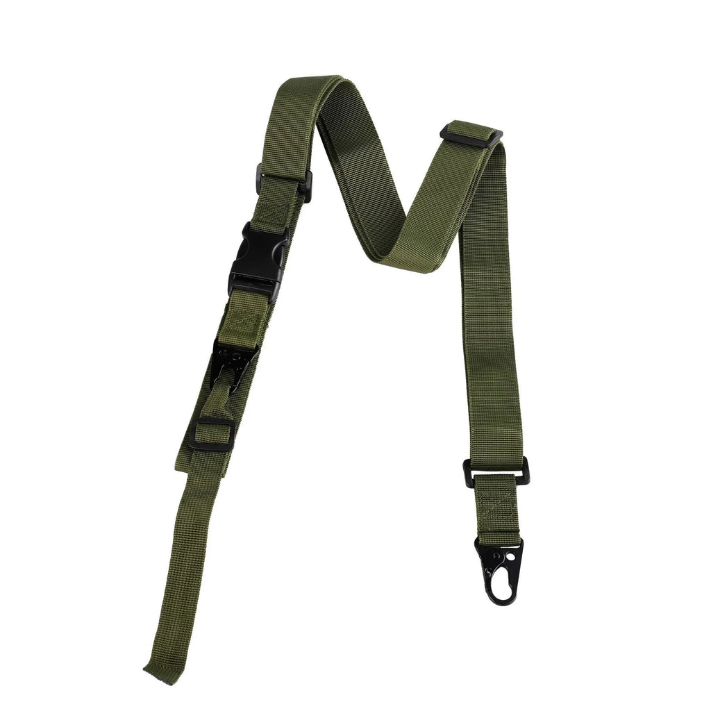 Army green nylon crossbody sling strap with an alloy buckle shown at full 148cm length.