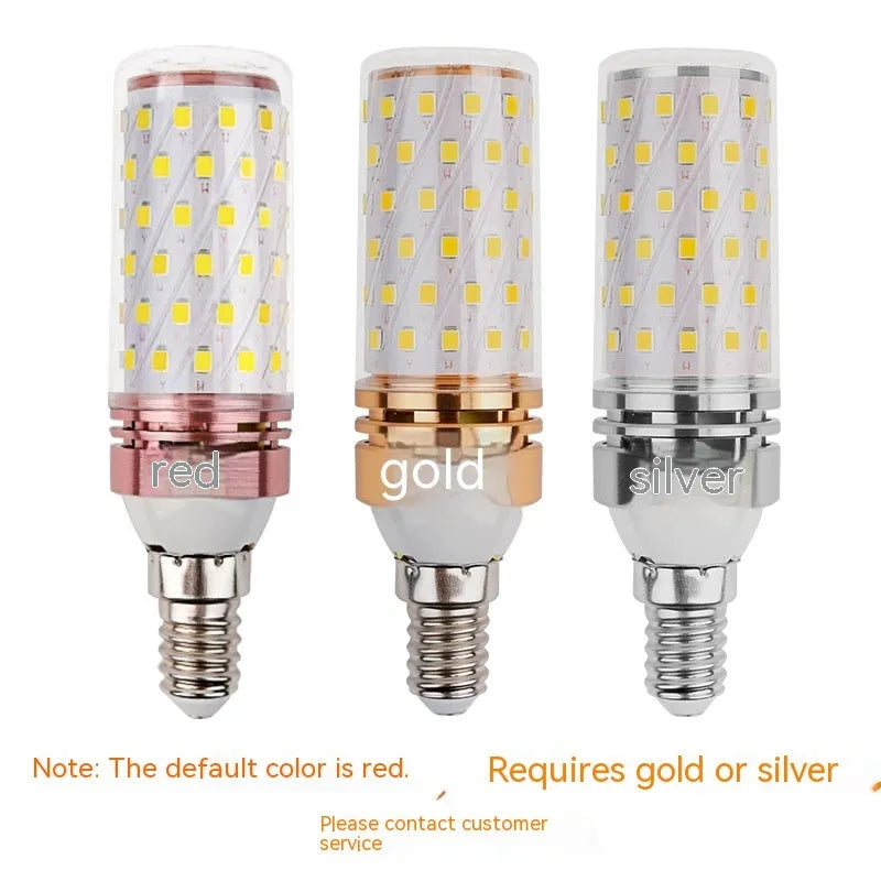 E14 screw base LED corn light bulb showing 60 yellow LED beads and three colour temperature settings.