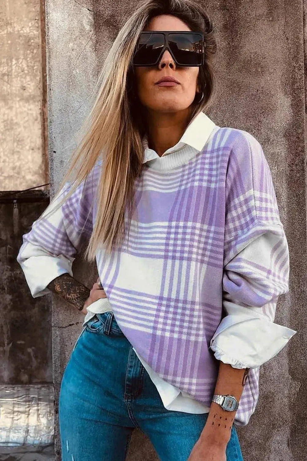 Lilac plaid print women's loose-fit long sleeve sweater with ribbed cuff and hem trim.