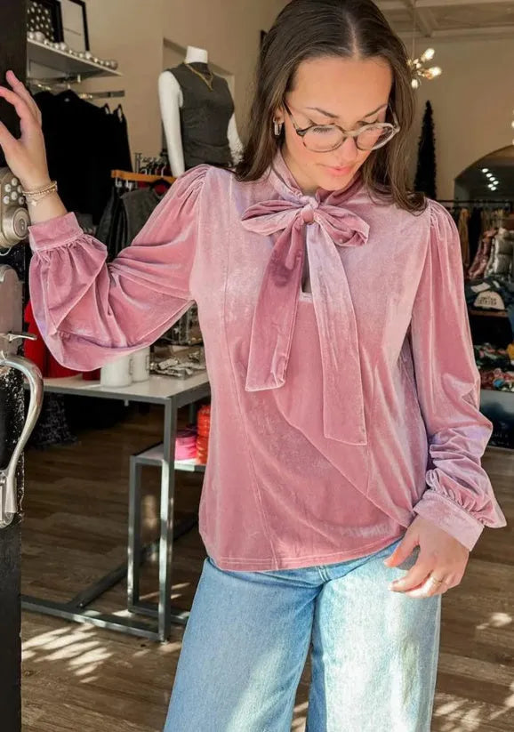 Fuchsia solid colour velvet ribbon bow knot long sleeve blouse for women, pink polyester top