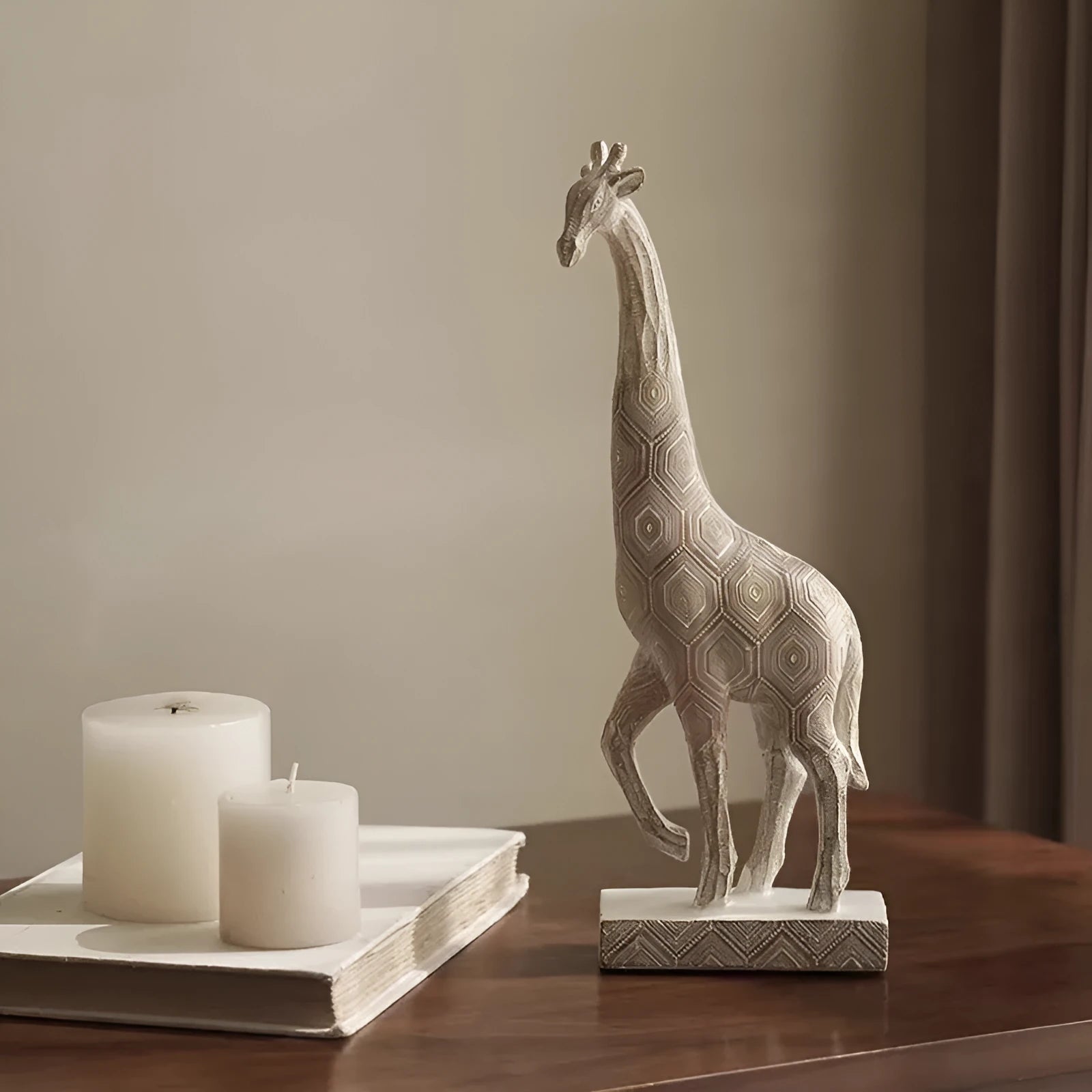 Wood colour European-style giraffe resin ornament on a shelf.