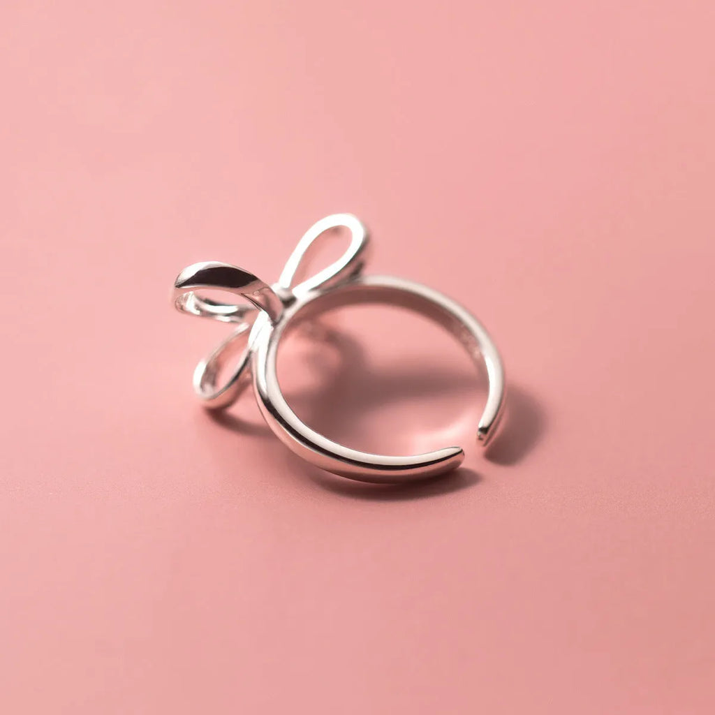 S925 silver bow ring with adjustable open band, simple line design, silver finish