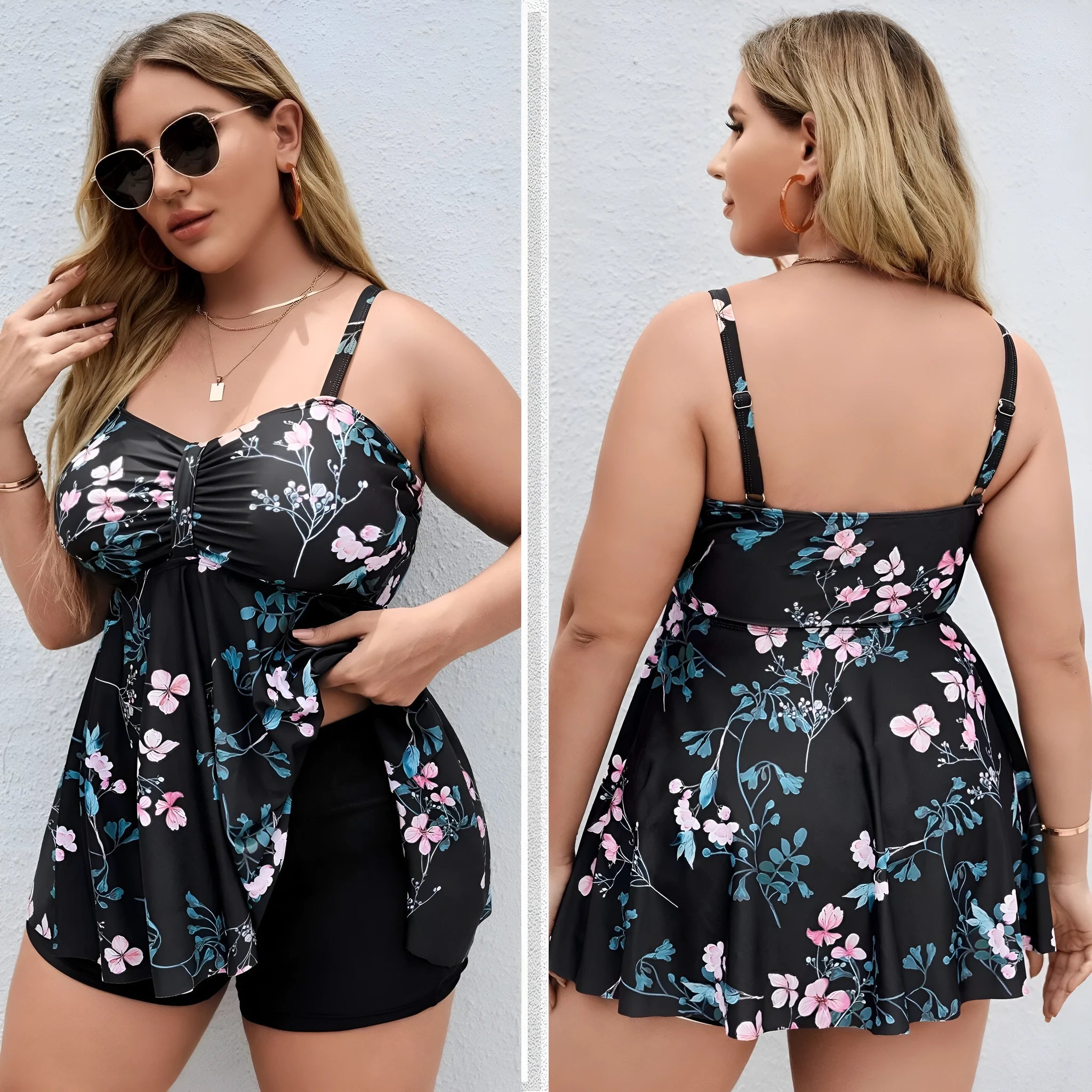 Women's floral print one-piece swimsuit with split colours, shown on a model.