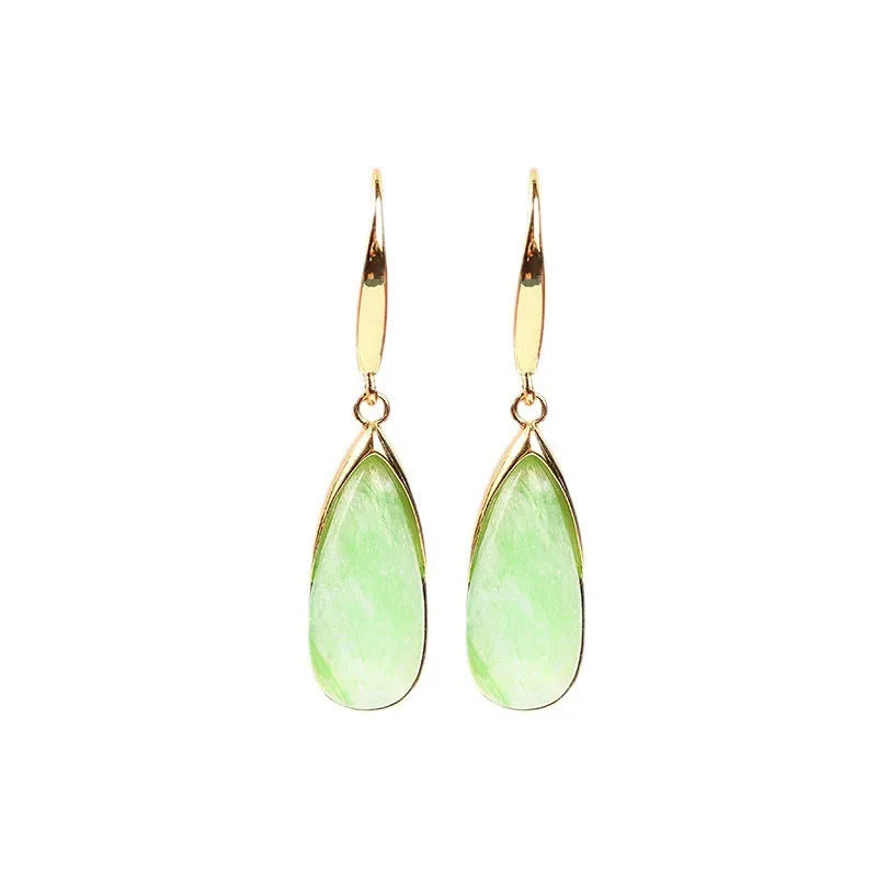 Chinese style geometric copper earrings with electroplated CP798 jade finish and water droplet design