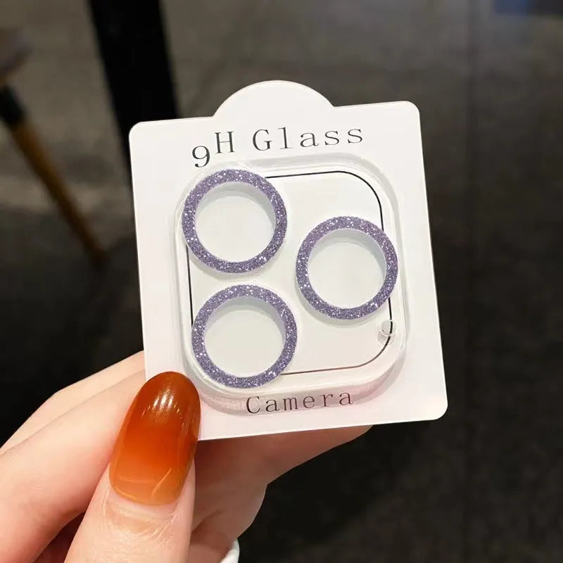 Tempered glass iPhone lens protector with integrated rhinestone glitter design in multiple colours