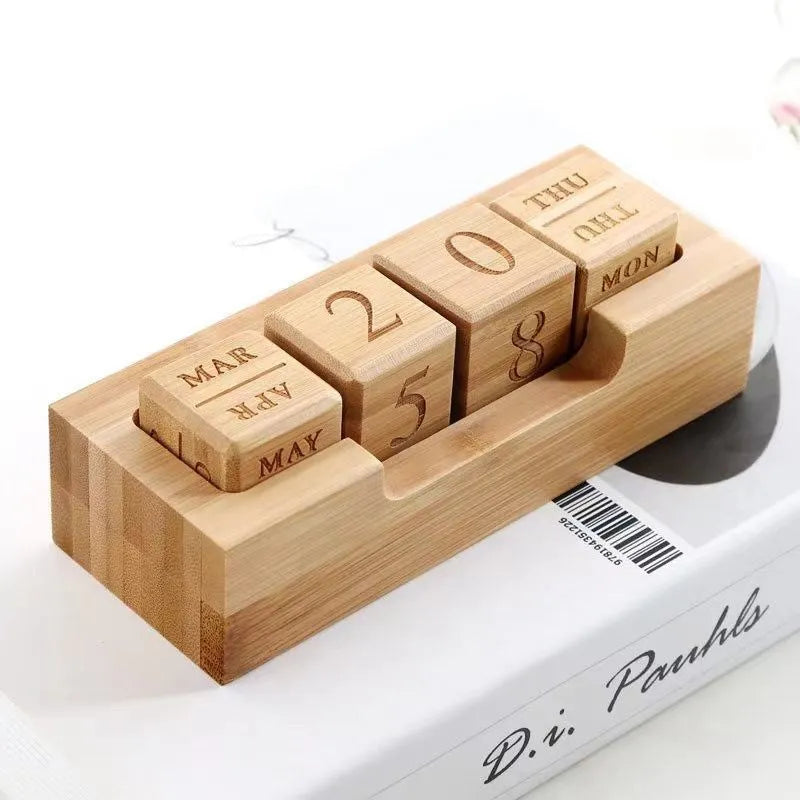 Solid wood minimalist desk calendar planner in natural finish showing day month and date display