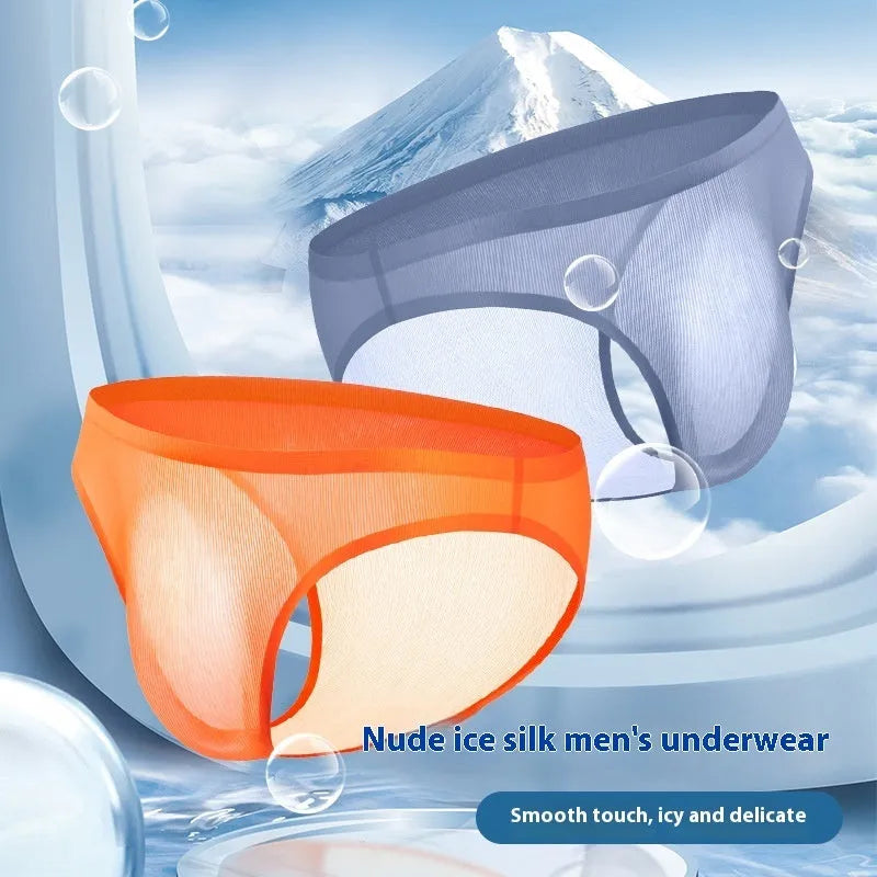 Men's translucent ice silk seamless underwear briefs in a striped pattern, showing low waist design.