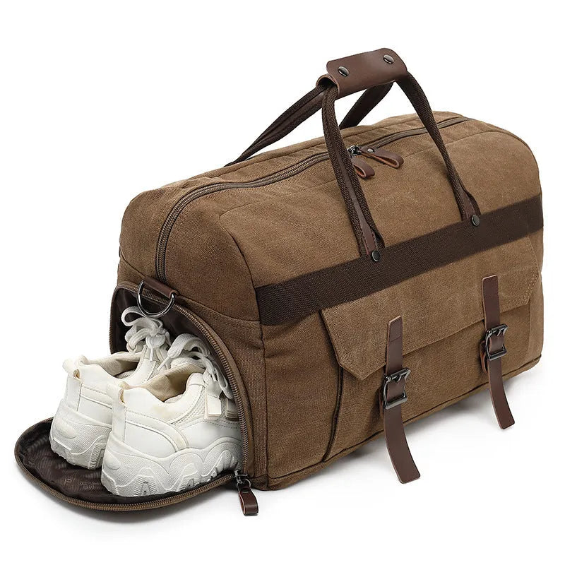 Canvas crossbody travel bag in retro style with 36-55L capacity