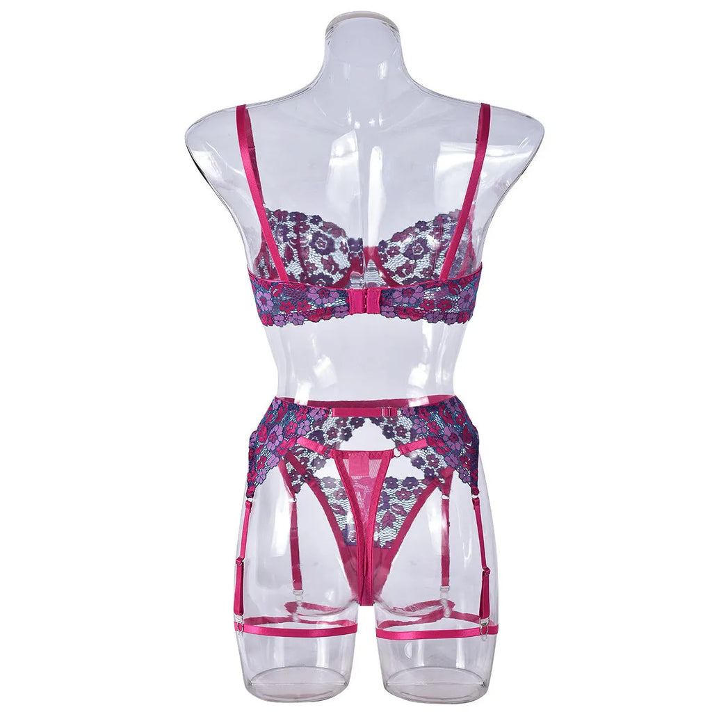 Women's rose red embroidered bikini set with contrast colour design on polyester fabric