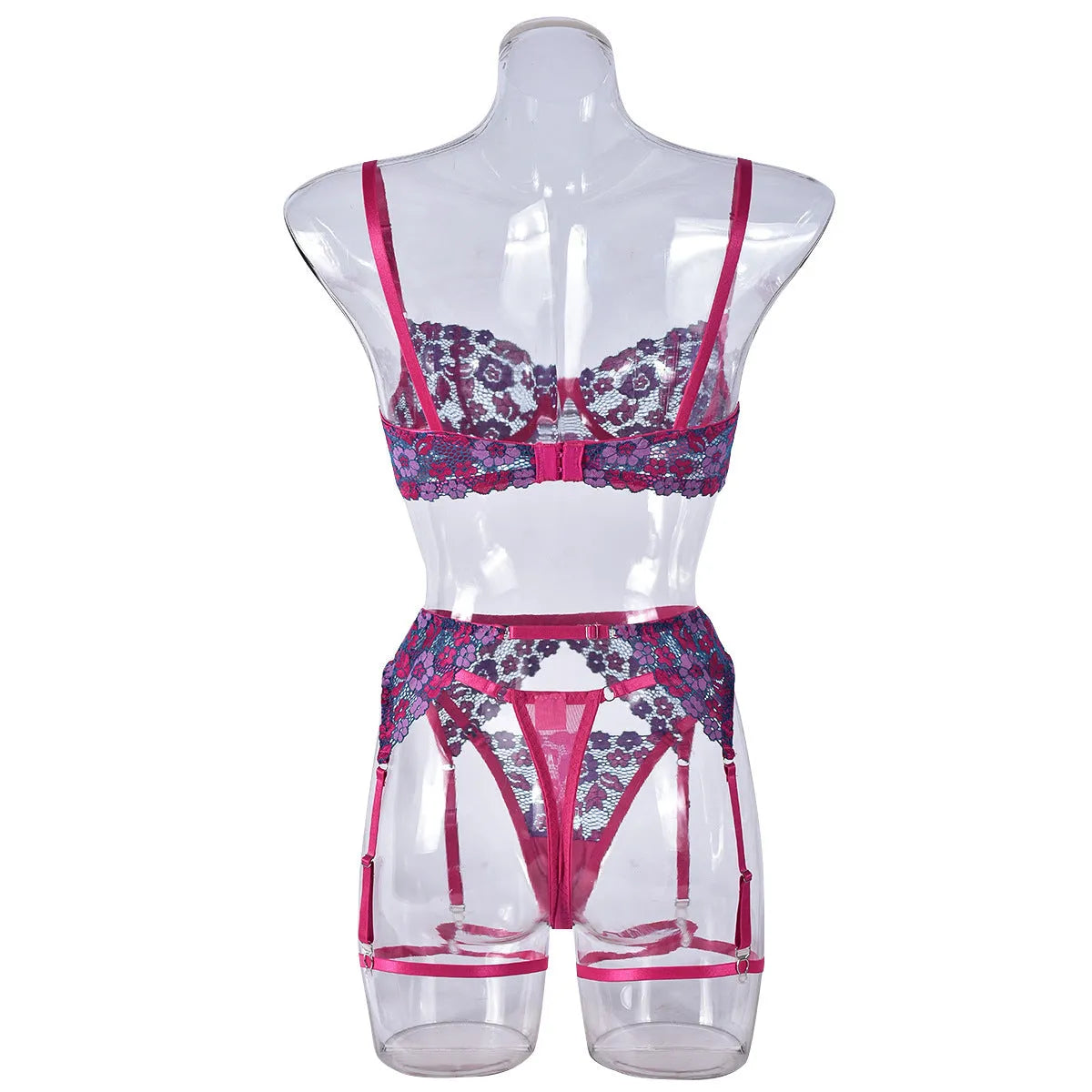 Women's rose red embroidered bikini set with contrast colour design on polyester fabric