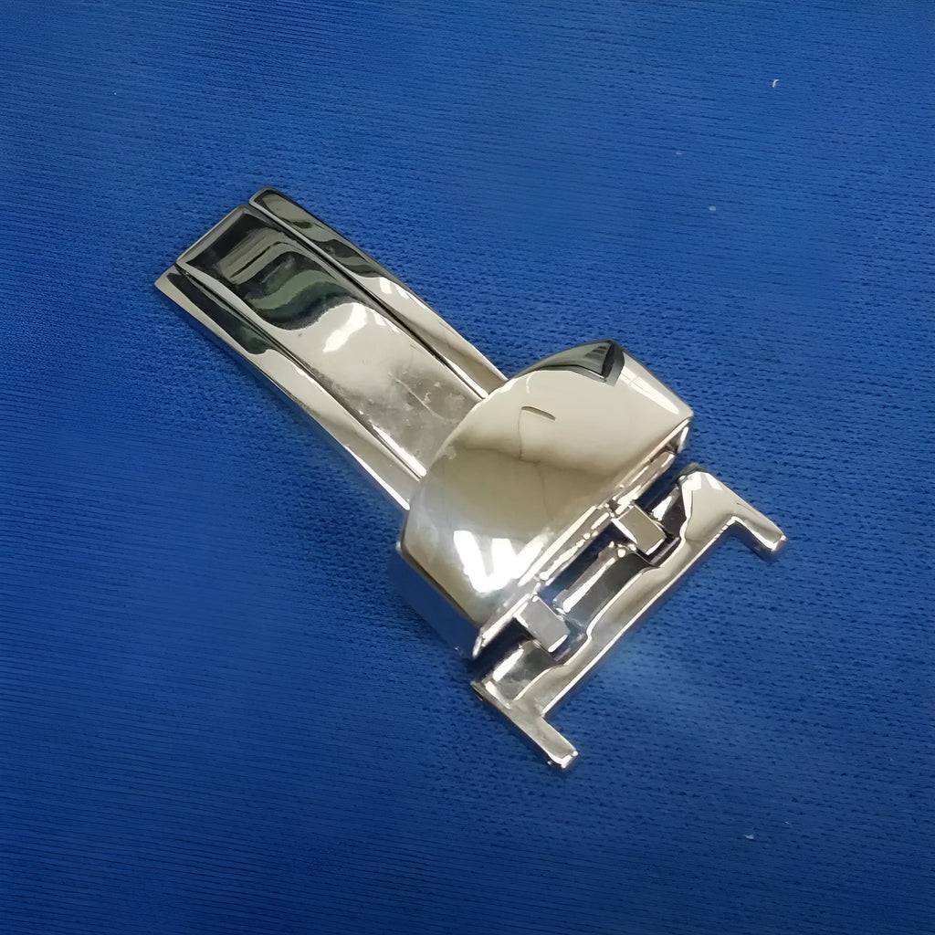Silver stainless steel single-side folding watch clasp on a white background, showing five size options from 14mm to 22mm.