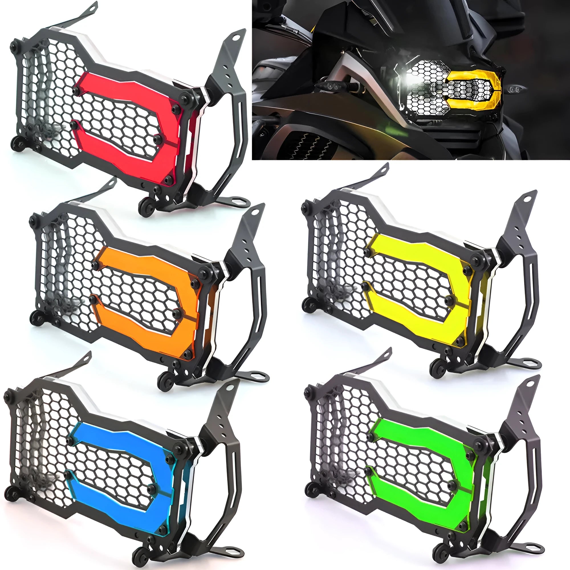 BMW motorcycle headlight protective cover in a choice of colours including fluorescent yellow, mounted on a GS adventure bike.