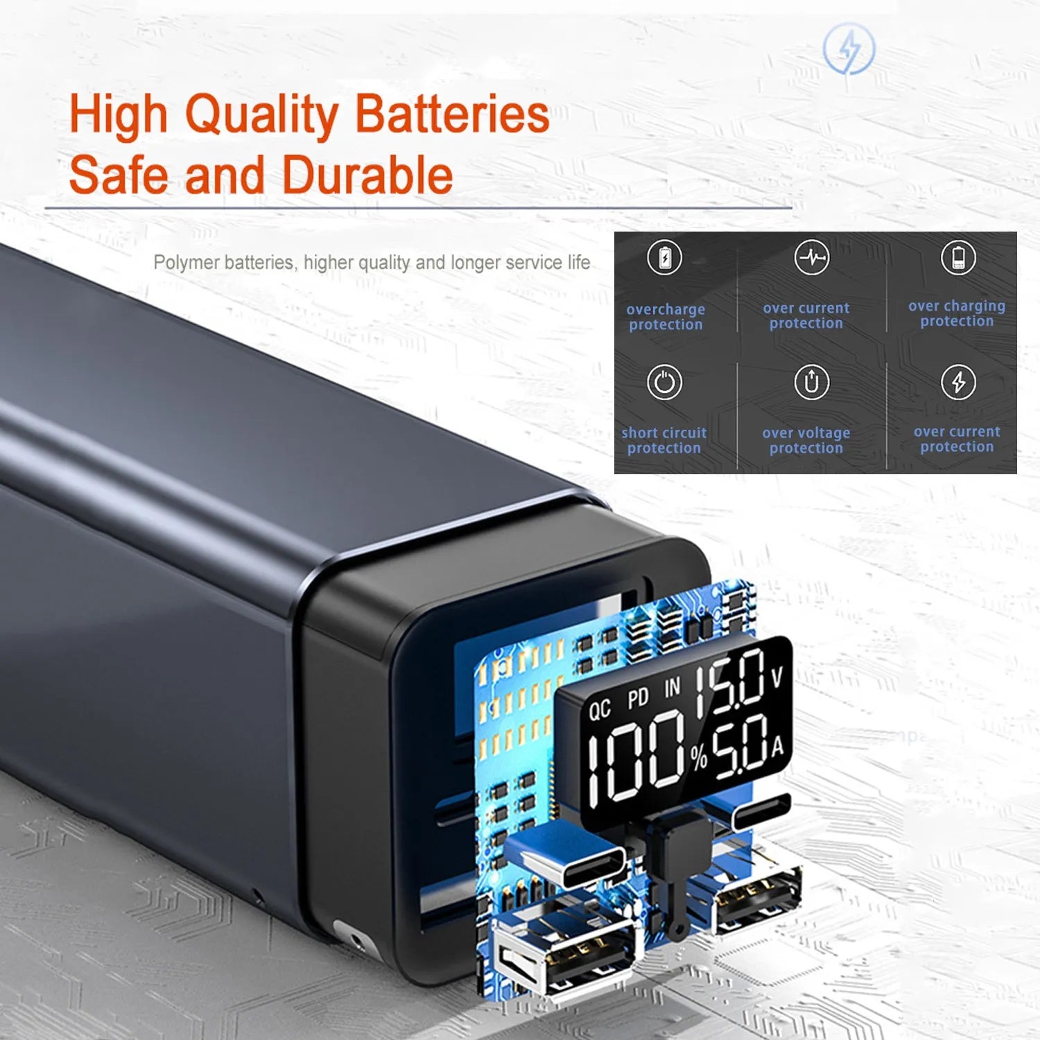 A black 65W high power laptop charging bank with a metal case, showing its dimensions.