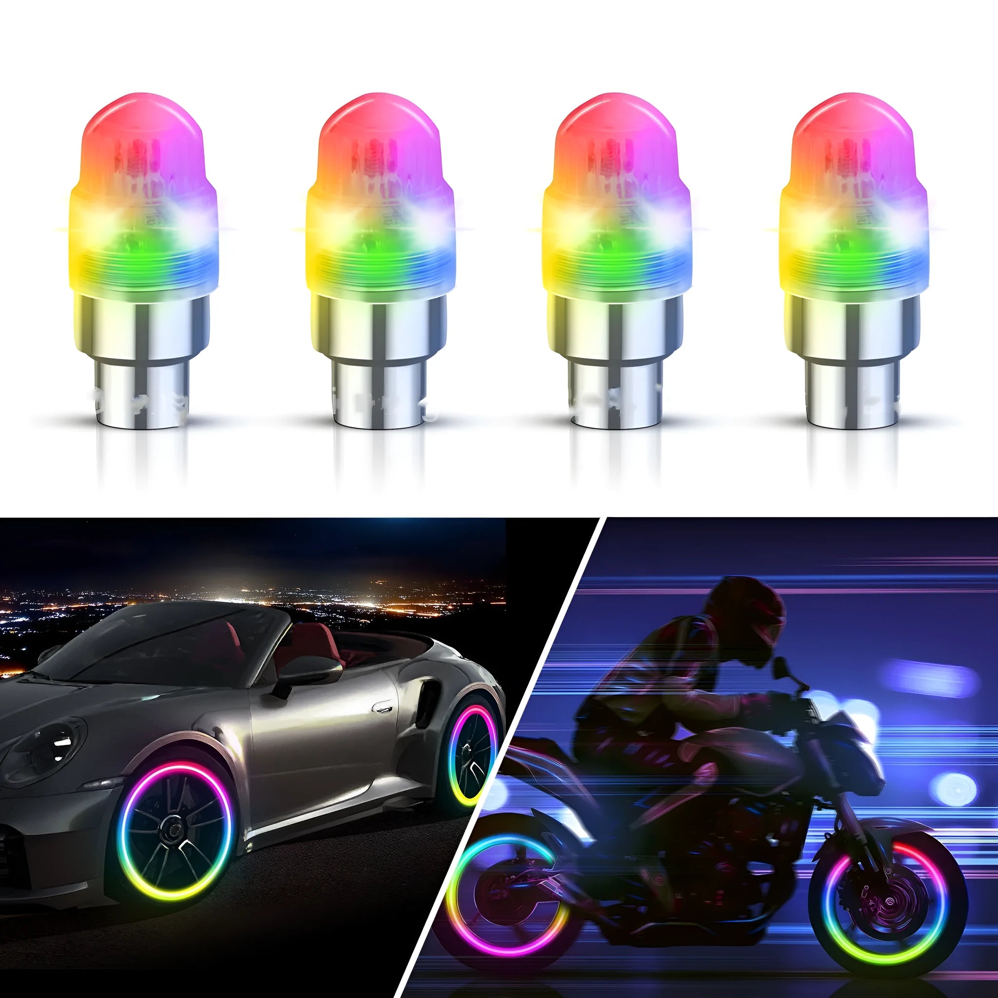 Two LED wheel valve lamps in ABS casing, 4cm size, for bicycle or car tyre valve attachment