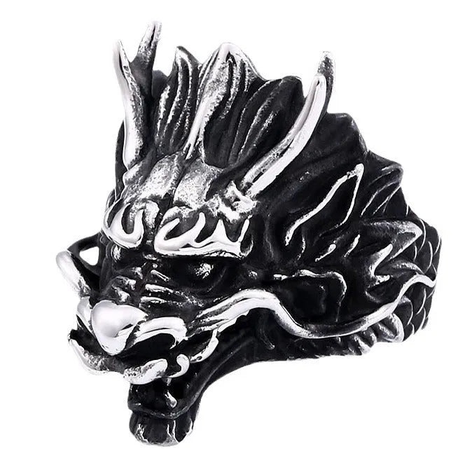 Men's stainless steel ring with dragon motif available in multiple sizes and two colour finishes