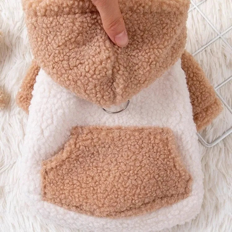 Brown thickened cotton-padded hooded coat on a dog showing hood up and belly fastening