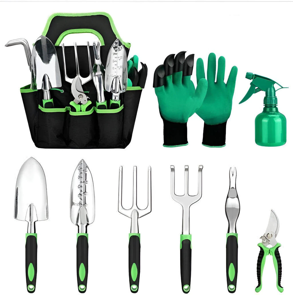 9-piece green aluminium alloy garden tool set with silicone two-colour handles for seedling cultivation