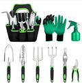 9-piece green aluminium alloy garden tool set with silicone two-colour handles for seedling cultivation
