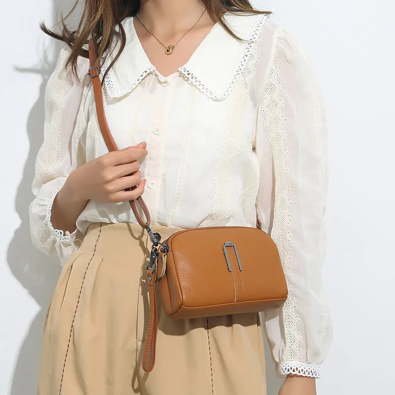 Genuine leather women's shoulder bag in a horizontal square shape, shown in dark khaki colour.