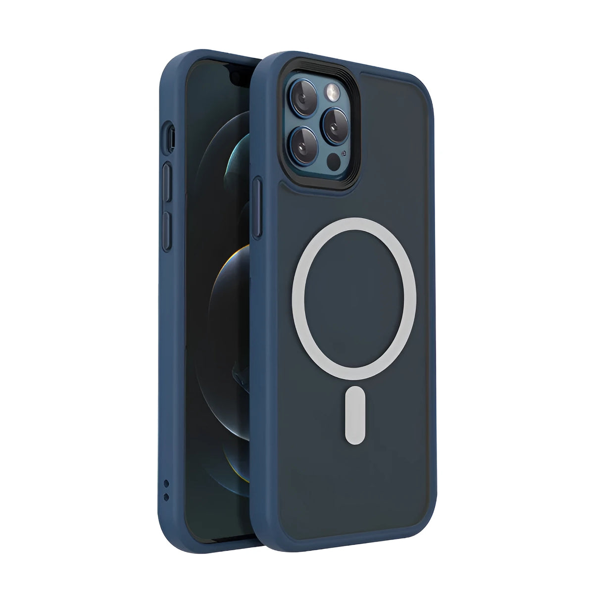 Magnetic silicone phone case for iPhone 12 and 13 in matte black, shown as a PC and TPU back cover