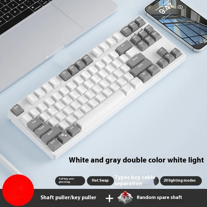 87-key wired mechanical gaming keyboard with hot-swappable switches in dual-colour keycap configuration
