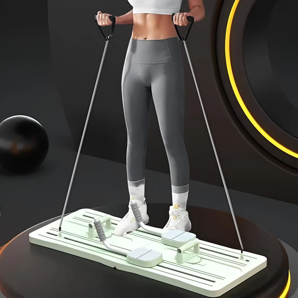 Purple portable foldable PP fitness board for abdominal exercises on a wooden floor.