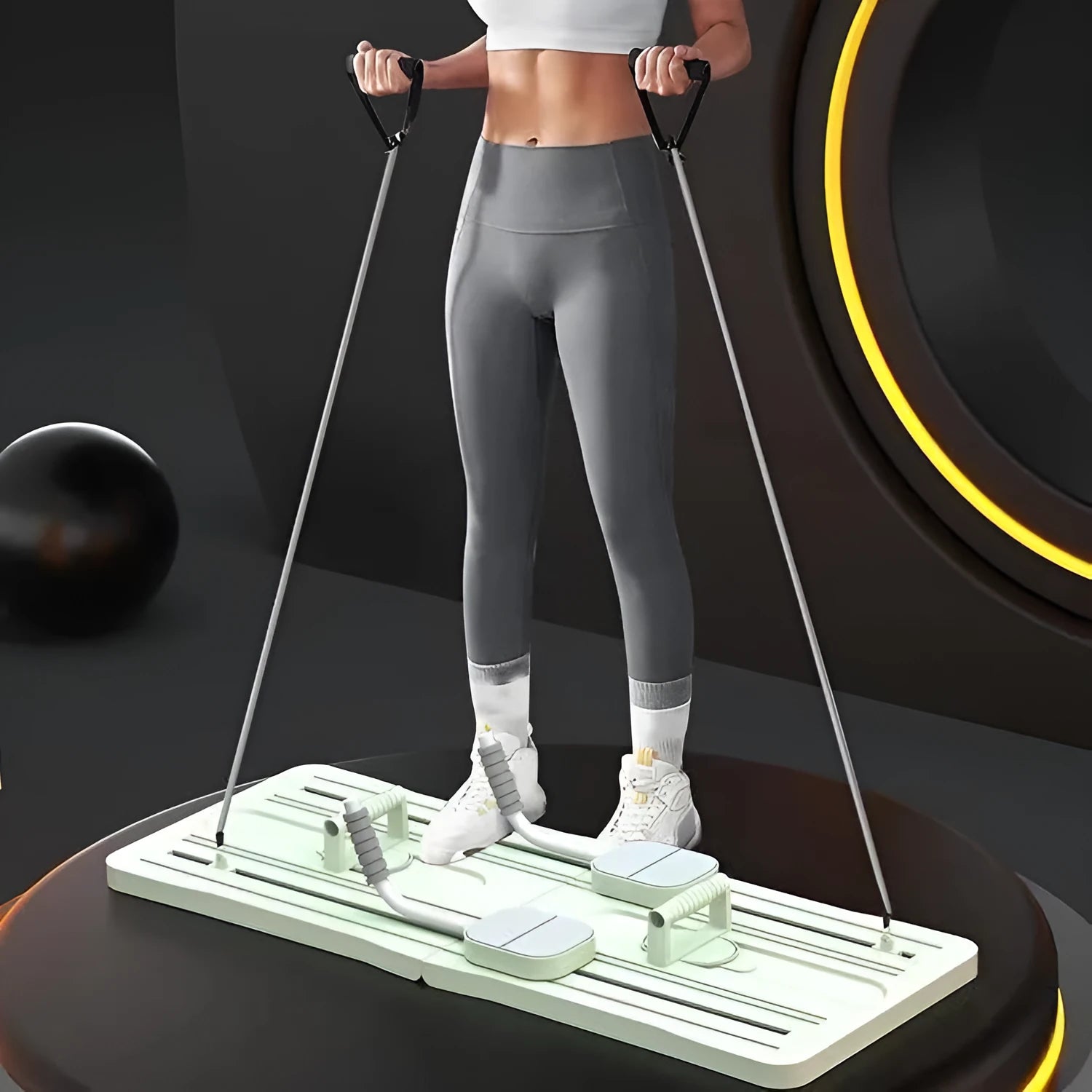 Purple portable foldable PP fitness board for abdominal exercises on a wooden floor.