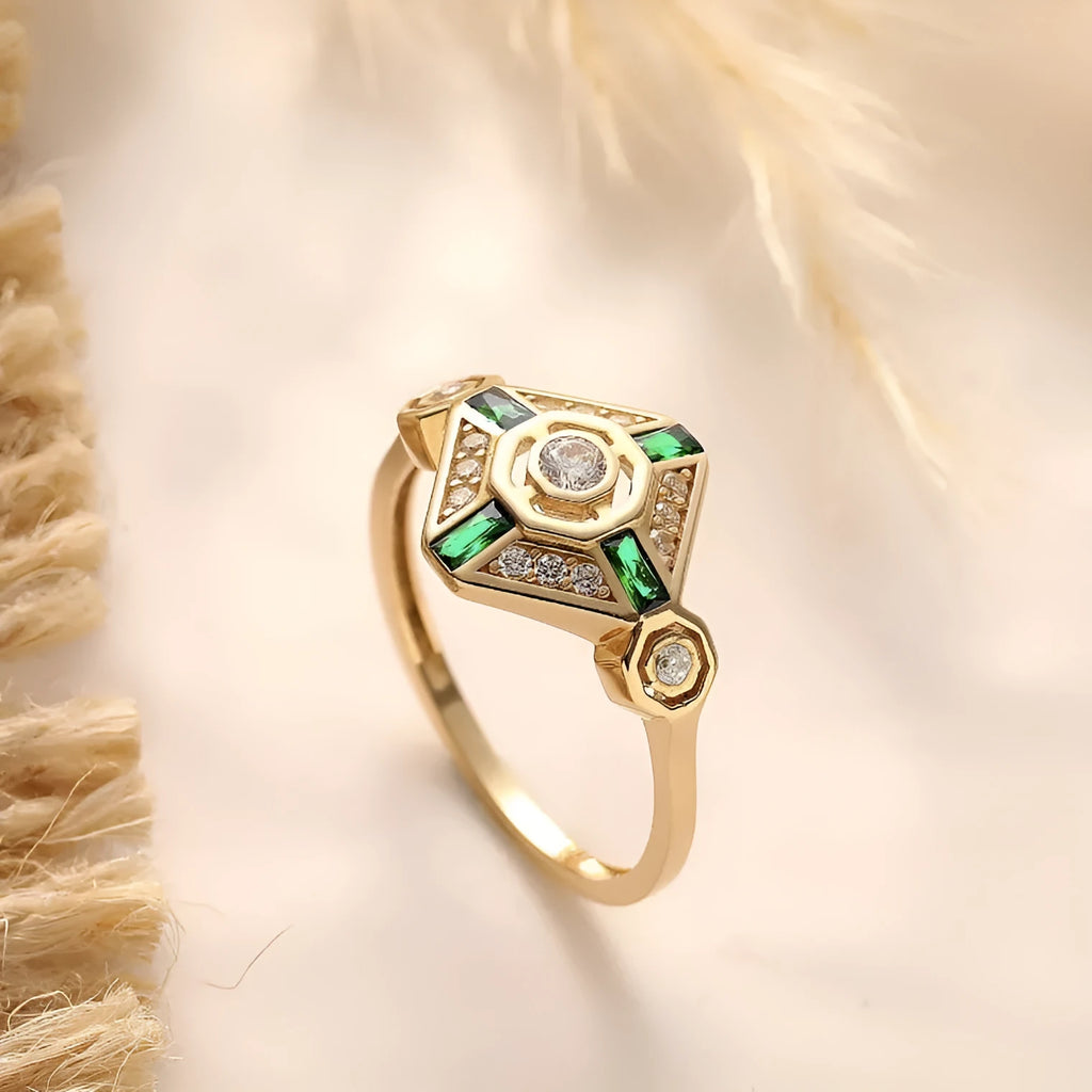 Square geometric women's ring with green simulated diamond centrepiece in ins style fashion jewellery