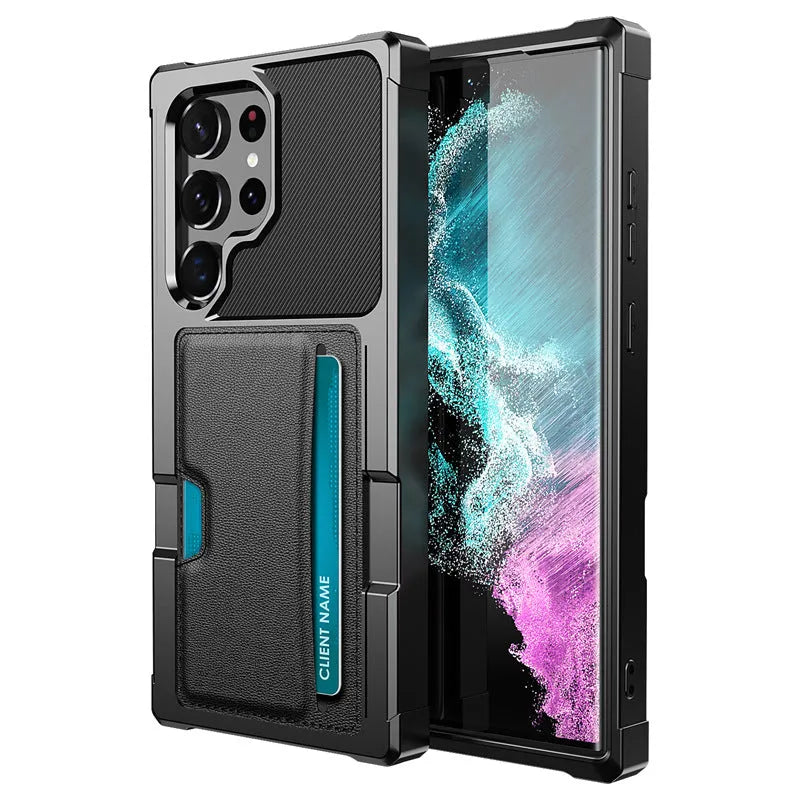 Black TPU PC phone case with card slot for Samsung, showing back with card inserted